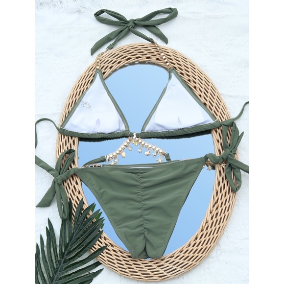 Rhinestone Embellished Bikini Swimsuit Army Green - Picture 2 of 7